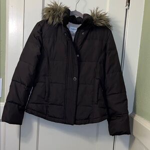 Calvin Klein Brown Down Puffer Jacket with Removable Faux Fur Trimmed Hood